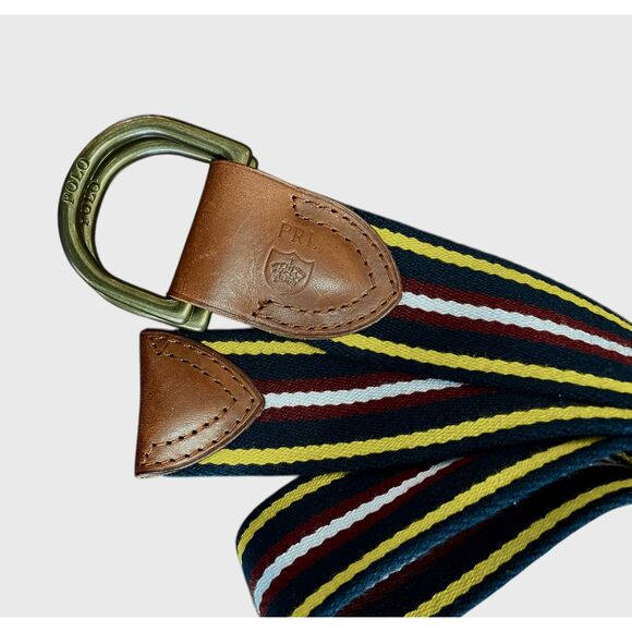 Polo Ralph Lauren Double D Ring Striped Belt w/ Leather L Vtg - Picture 2 of 4